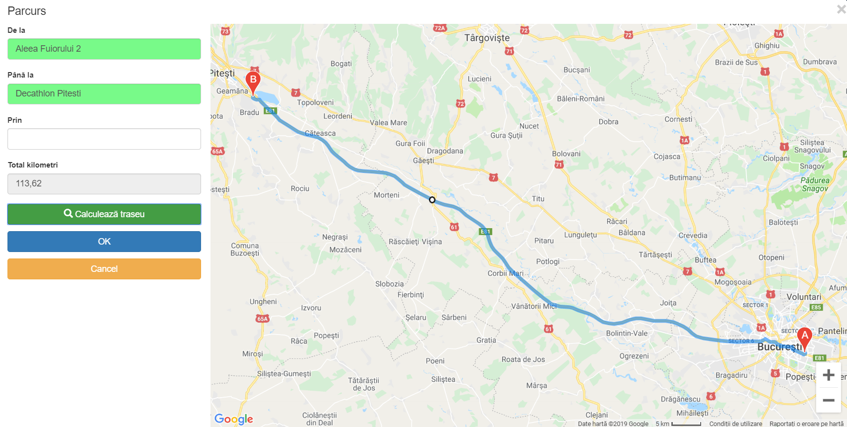 Calcul distanță parcurs cu Google Maps.