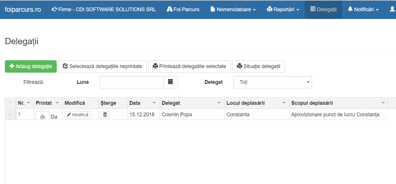 ecran lista delegații (ordine de deplasare)